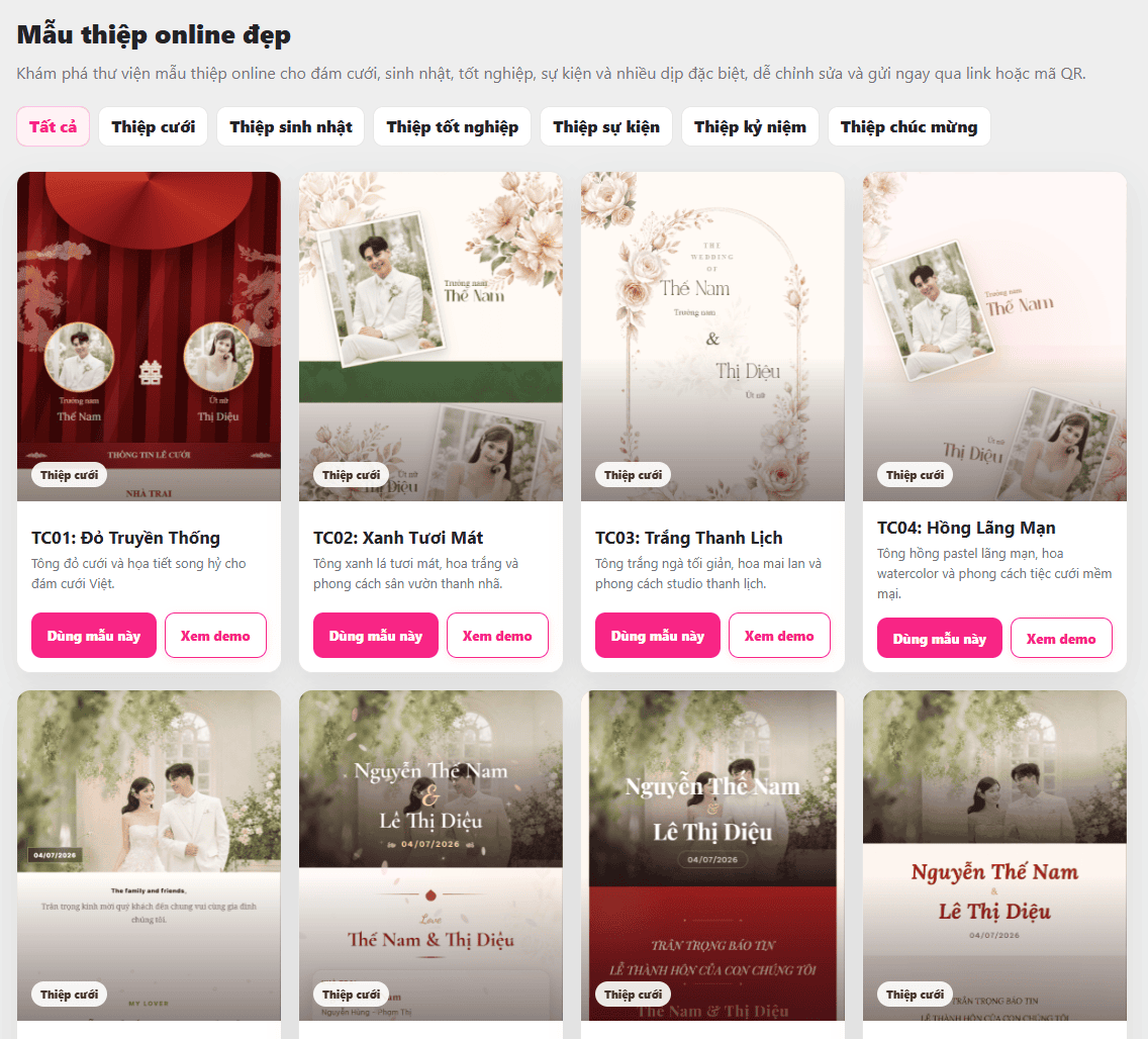Screenshot minh họa bước chọn mẫu thiệp trên TraoThiep.vn