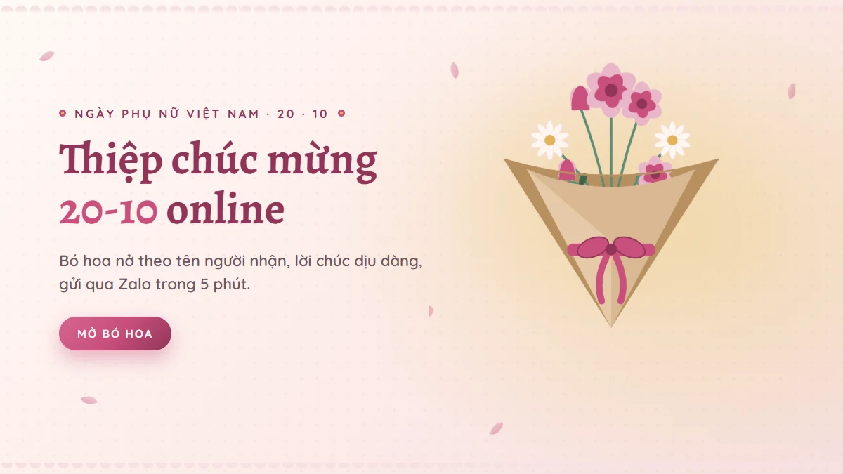 Thiệp chúc mừng 20-10 online với bó hoa nở theo tên người nhận — mẫu CM06 Ngày Phụ Nữ Việt Nam